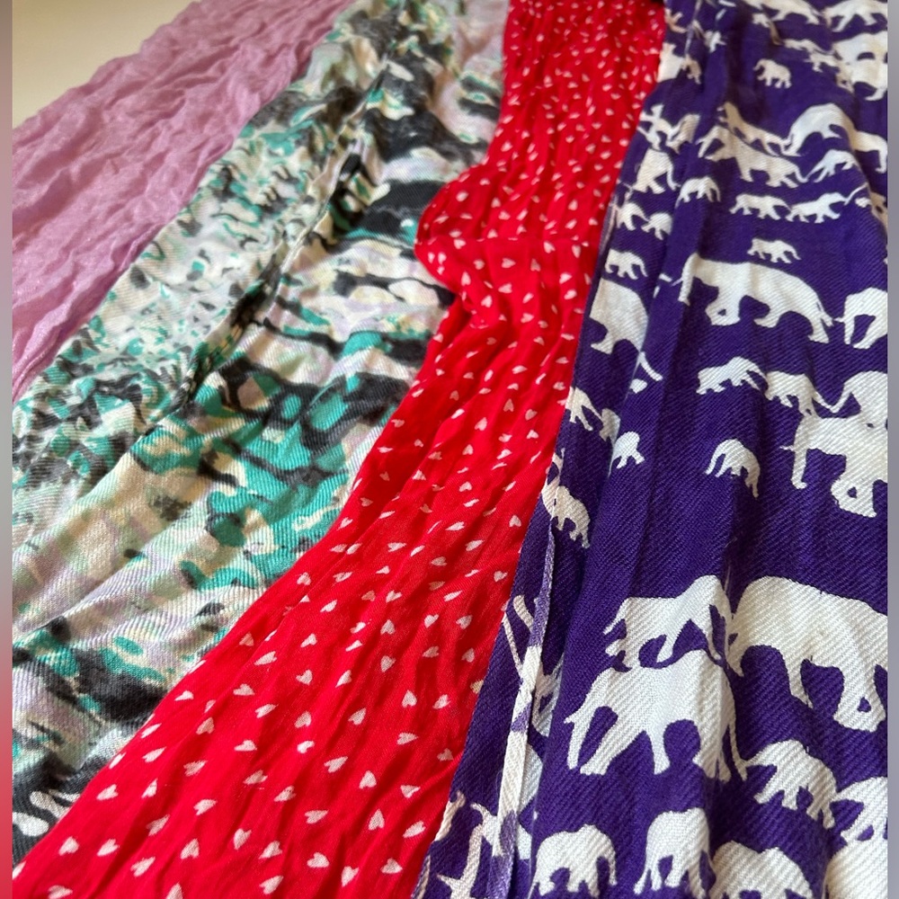 Lot of 4 lightweight scarves — elephant pattern, watercolor, hearts, lavender